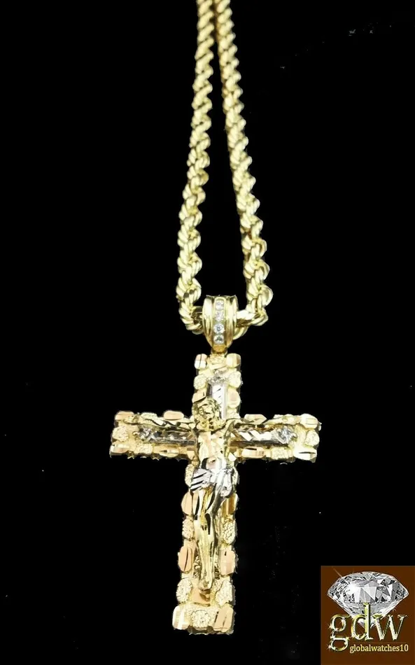 Necklaces Gold and Diamond Real 10K Yellow Gold 28 Inch Rope Chain with Jesus Cross Charm Pendant