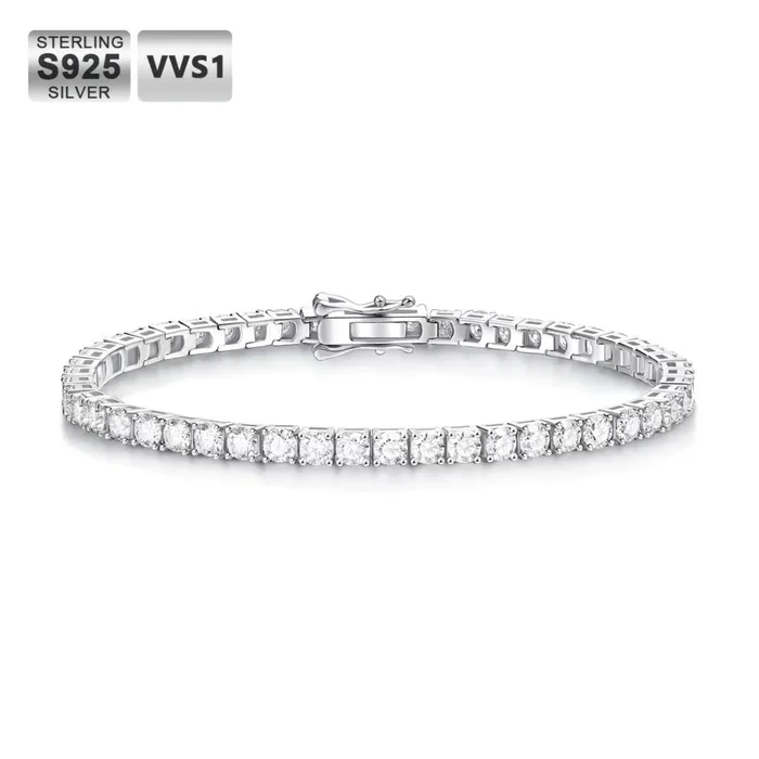 PuLuoWang Wuzhou Bracelets S925 Moissanite Diamond Tennis Chain Bracelet in White Gold 4mm