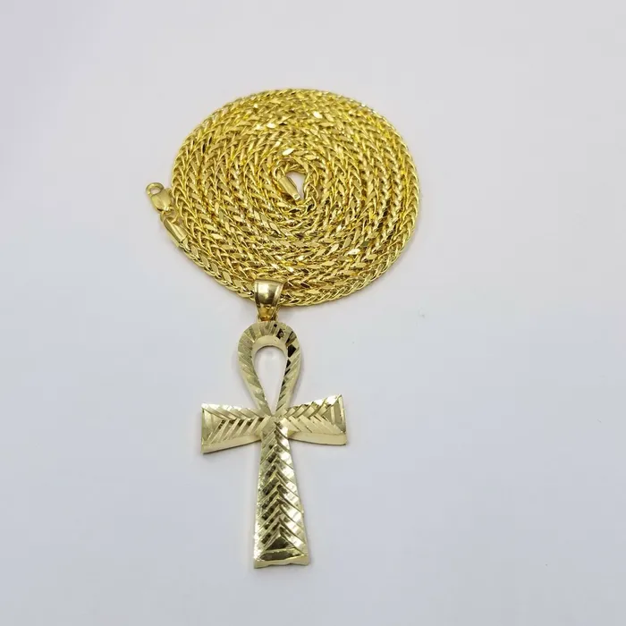 Real 10k Ankh Cross Yellow Gold Charm Chain Pendant Palm 20 22 24 26 28 30 Gold and Diamond Necklaces