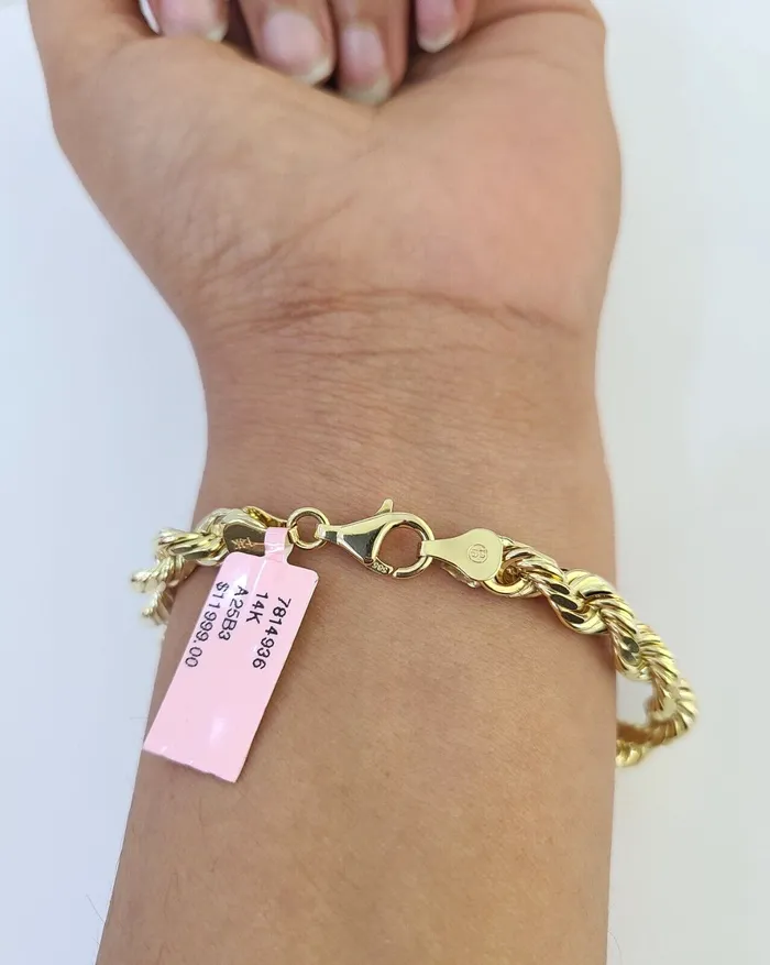 Real 14k Solid Rope Bracelet 7mm 7 Inch Men Women Diamond Cut Yellow Gold Gold and Diamond Bracelets