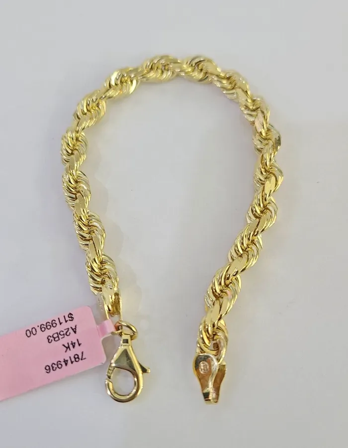 Real 14k Solid Rope Bracelet 7mm 7 Inch Men Women Diamond Cut Yellow Gold Gold and Diamond Bracelets