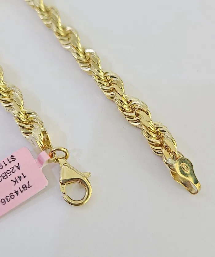 Real 14k Solid Rope Bracelet 7mm 7 Inch Men Women Diamond Cut Yellow Gold Gold and Diamond Bracelets