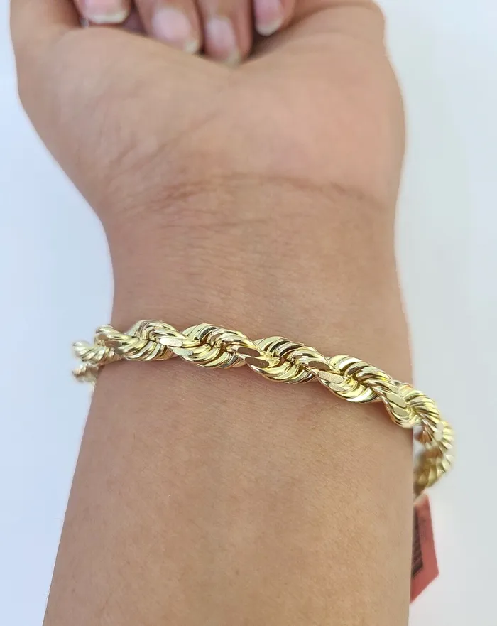 Real 14k Solid Rope Bracelet 7mm 7 Inch Men Women Diamond Cut Yellow Gold Gold and Diamond Bracelets
