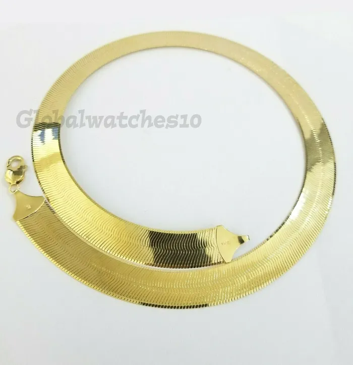 REAL10k 15mm Yellow Gold Herring Bone Chain Necklace 20 Lobster lock Men Women Gold and Diamond Necklaces