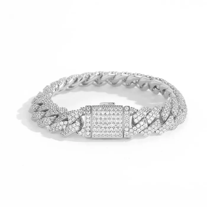 S925 Moissanite Diamond Prong Cuban Link Bracelet in White Gold 12mm Bling Proud Bracelets S925 Moissanite Diamond Prong Cuban Link Bracelet in White Gold 12mm Bling Proud Bracelets