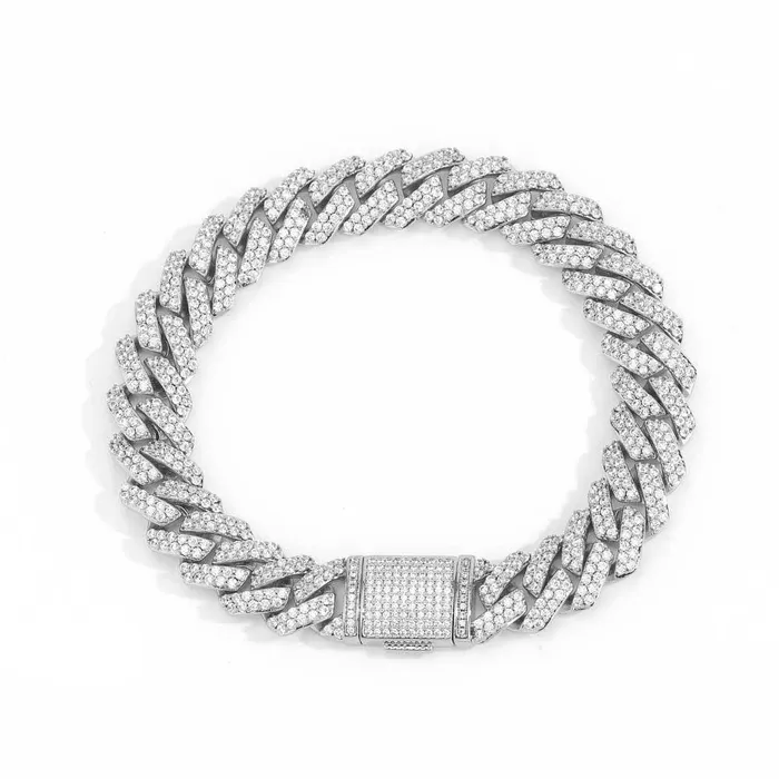 S925 Moissanite Diamond Prong Cuban Link Bracelet in White Gold 12mm Bling Proud Bracelets