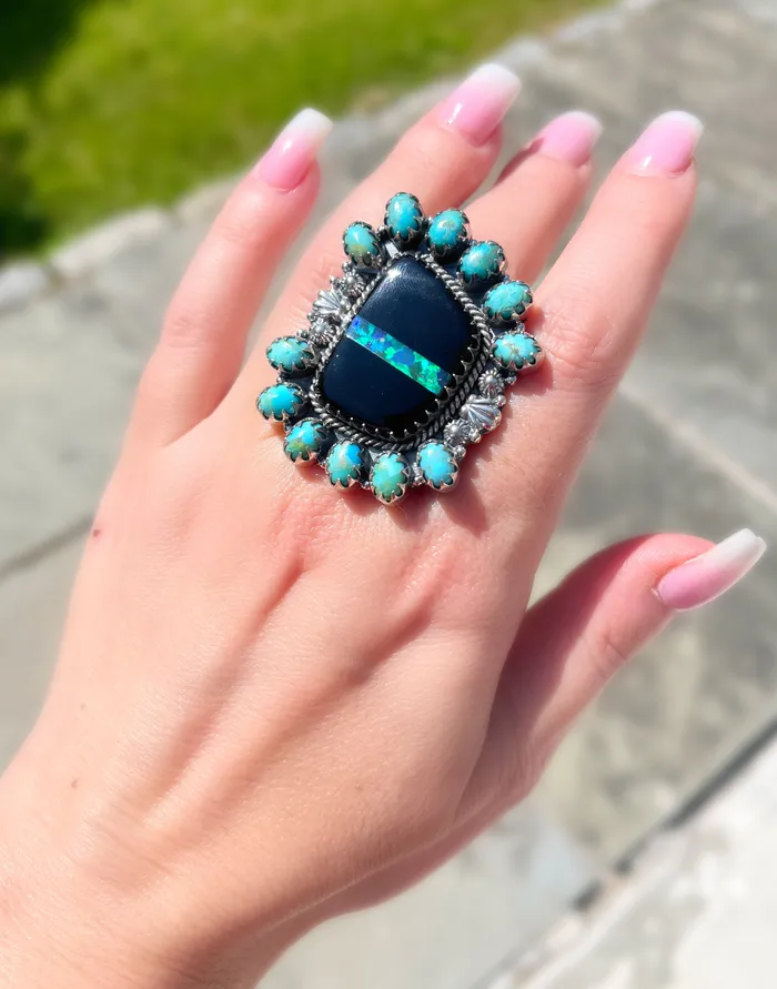 Sophiareneboutiquecom Rings Sterling Silver Free Form Black OpaliteKingman Turquoise Custom Ring